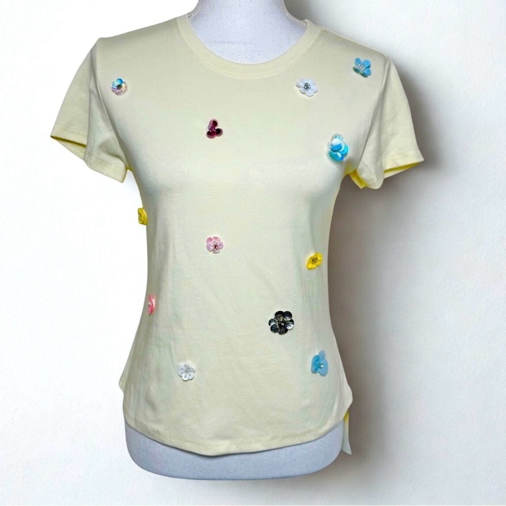 Rosie Posie Floral Embellished Short Sleeve Tee Pale Yellow Women Small NWT